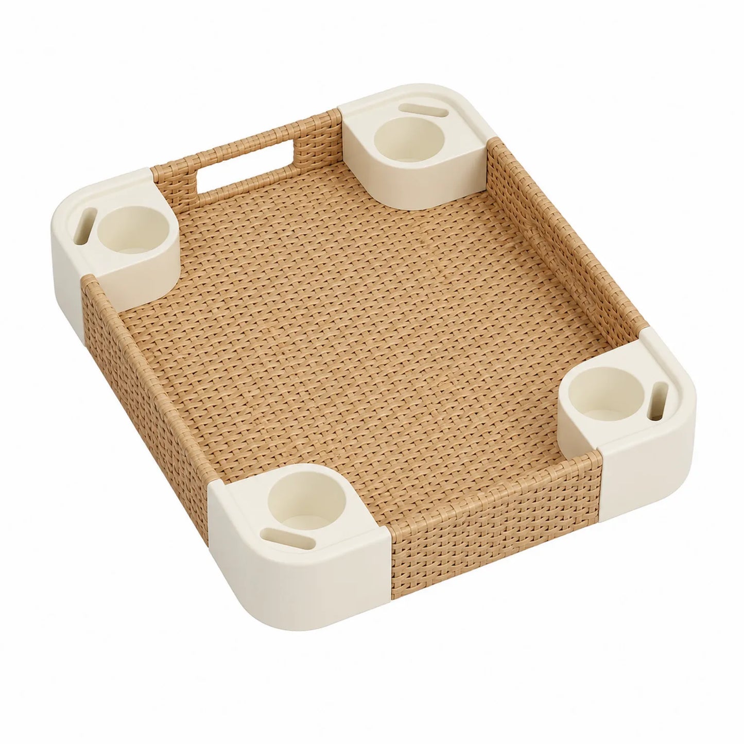 Bandeja de resina y ratán con portavasos Beige 40x40 cm