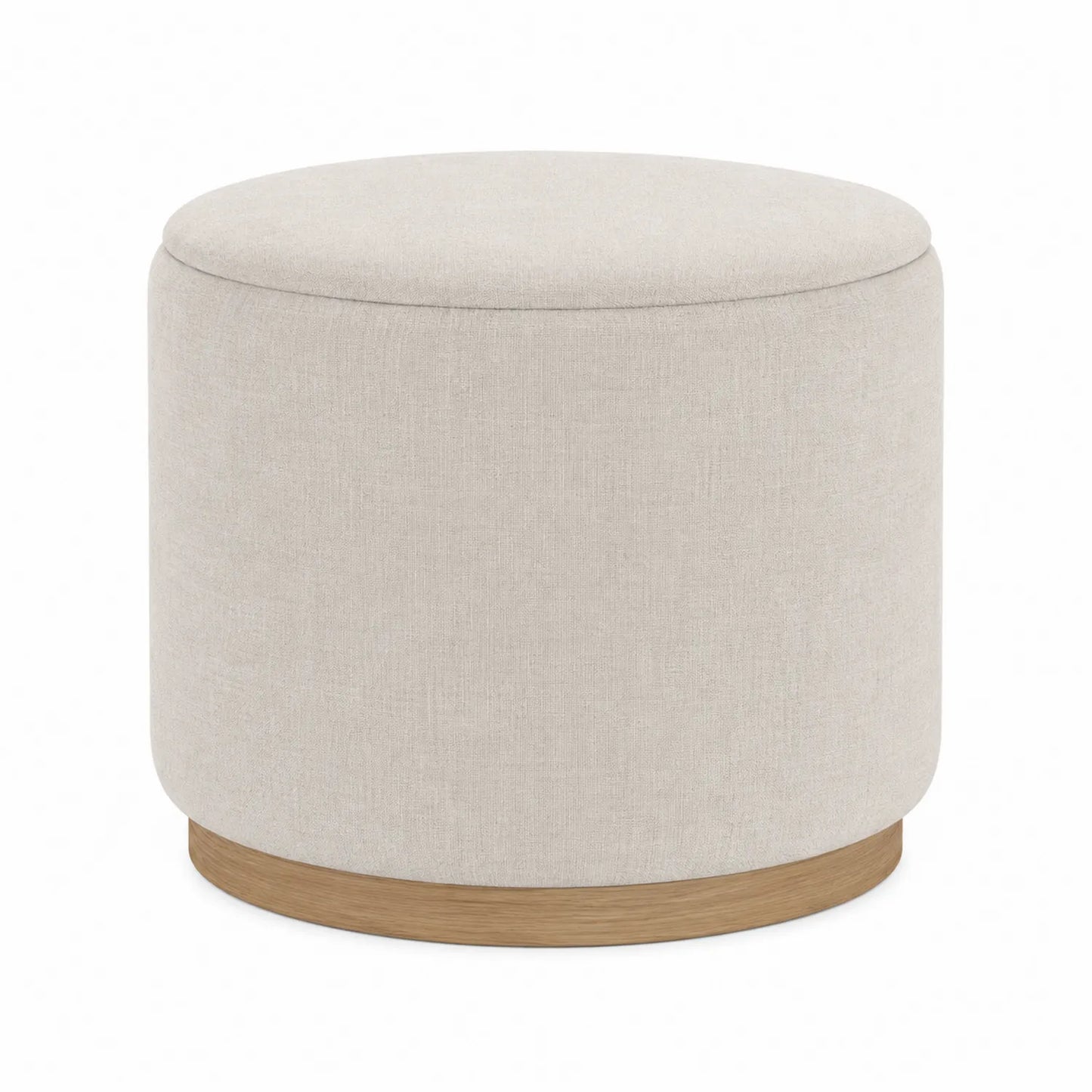 Puf redondo de tela beige con base de madera