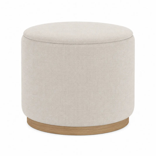 Puf redondo de tela beige con base de madera