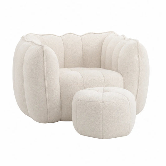 Conjunto de Sillón y Puf Tapizados en Felpa Beige