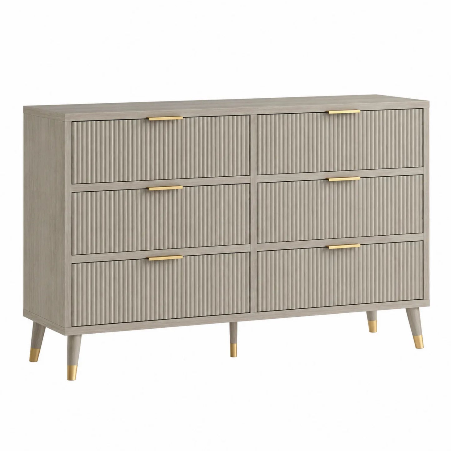 Cajonera de madera gris con 6 cajones y tiradores dorados