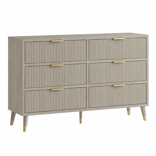 Cajonera de madera gris con 6 cajones y tiradores dorados