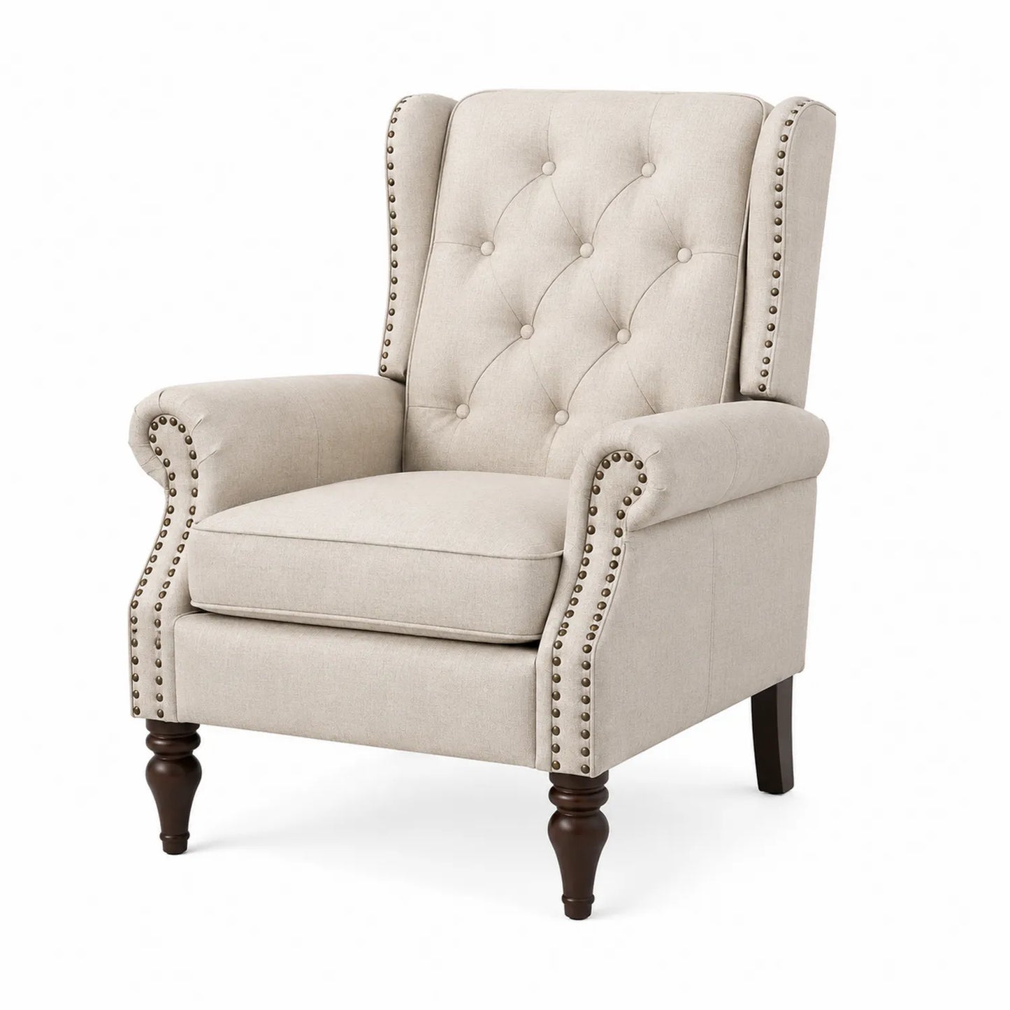 Sillón tapizado de lino beige con tachuelas y patas de madera oscura